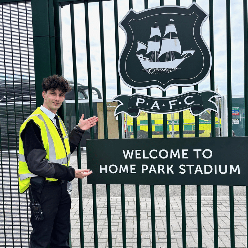 Tony in front of the Plymouth Argyle football stadium