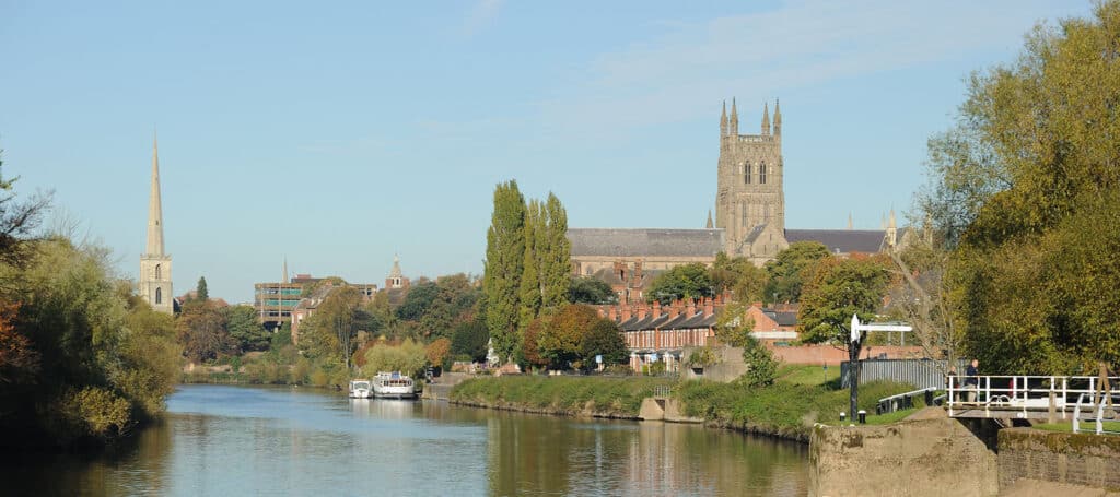 Shot of Worcester with the river servern and Worcester cathedral in shot. 