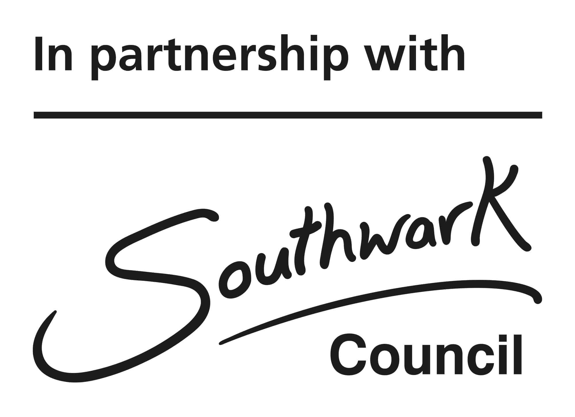 In partnership with Southwark council logo.