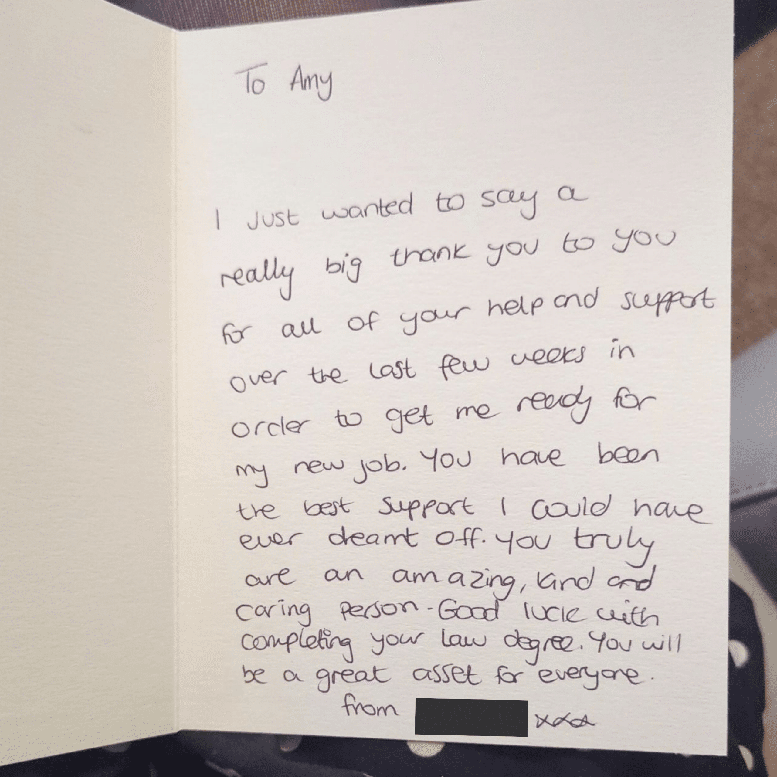 A card sent by Natalie to Pluss Team Leader Amy
